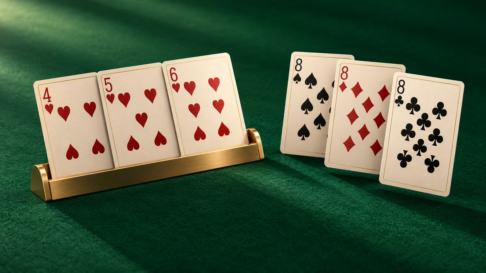 Generated illustration of a heart-card sequence and three eights arranged on emerald felt.