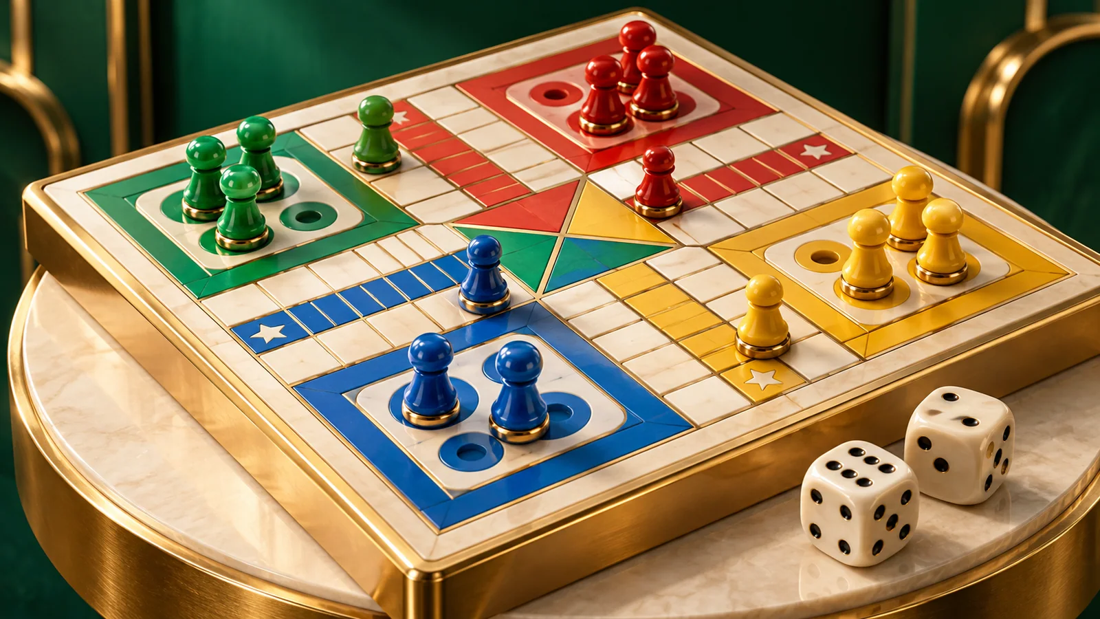 Generated Ludo-board illustration with colourful pawns and ivory dice on a gold-edged table.