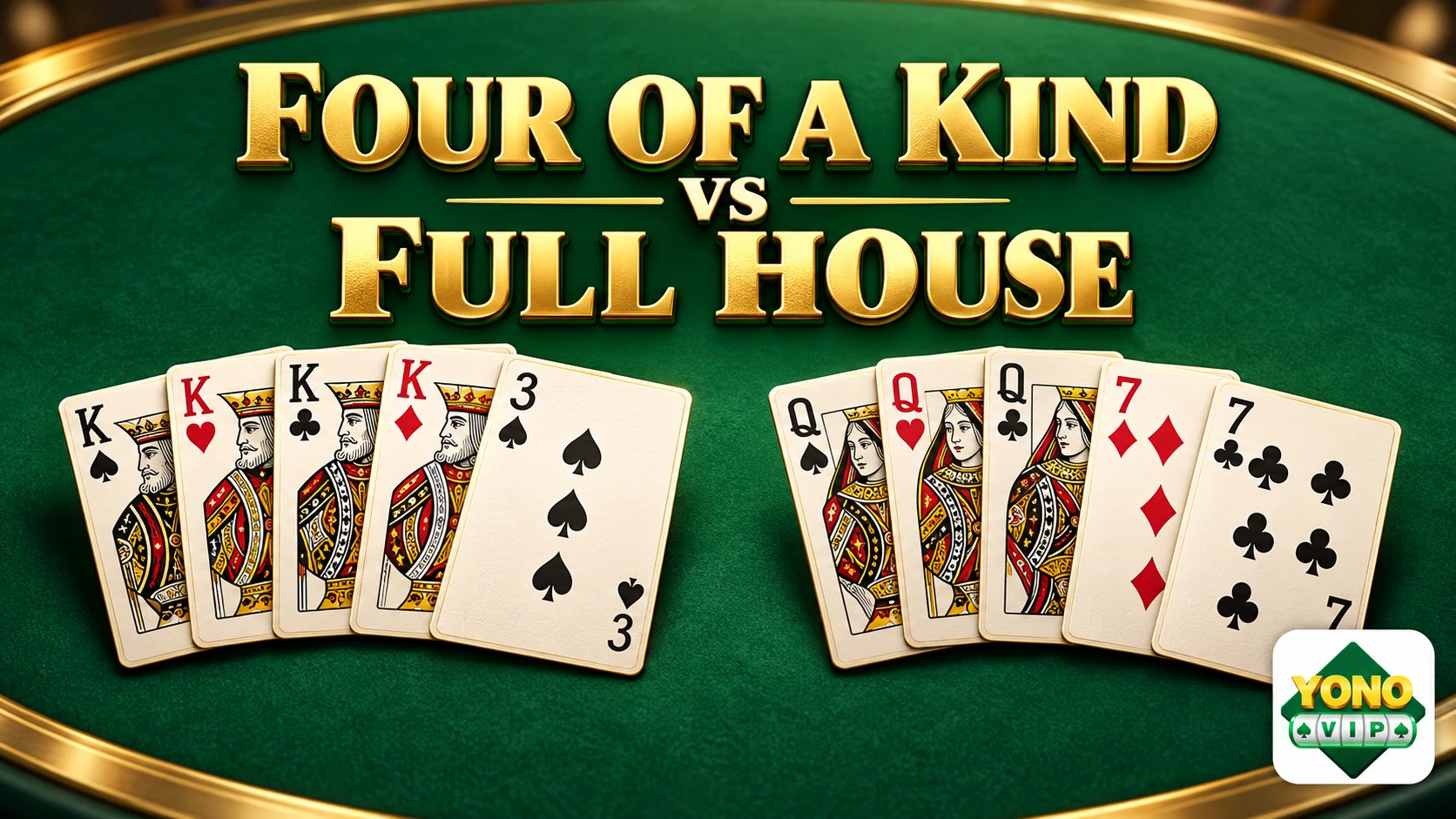 Illustrated poker card groups comparing four of a kind and a full house, with Yono VIP logo watermark.