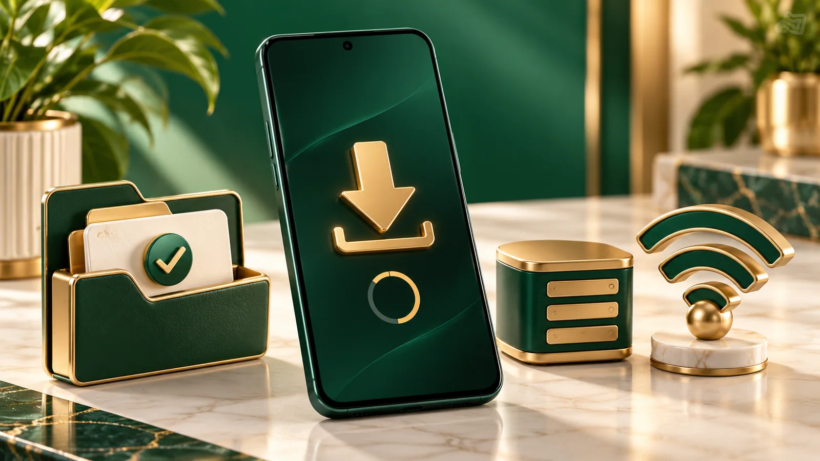 Green phone with a download arrow, completed file folder, storage block and Wi-Fi symbol on an ivory desk.