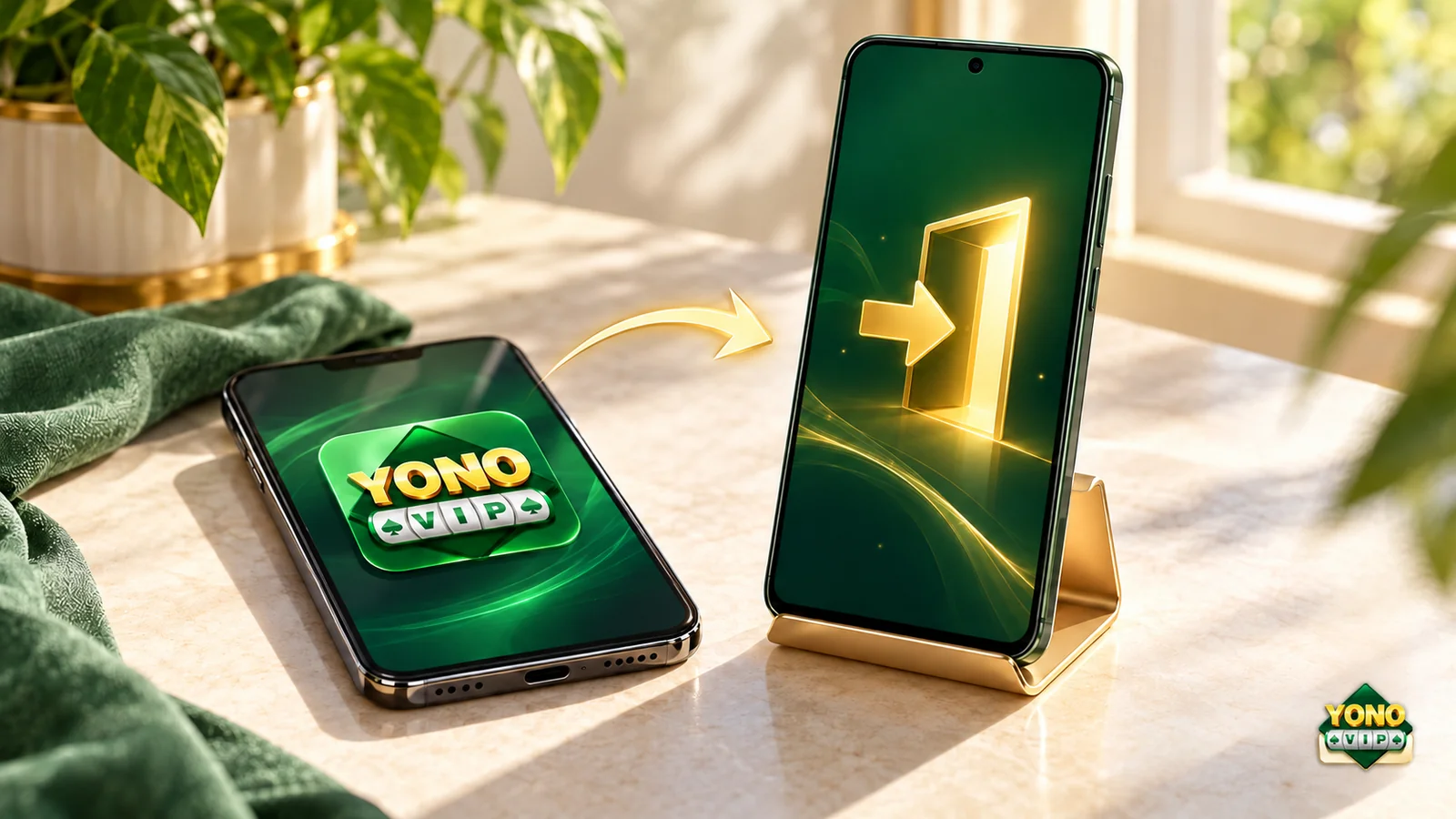 Illustration of two Android phones linked by a gold arrow, one showing a sign-in symbol, with a small Yono VIP logo watermark.