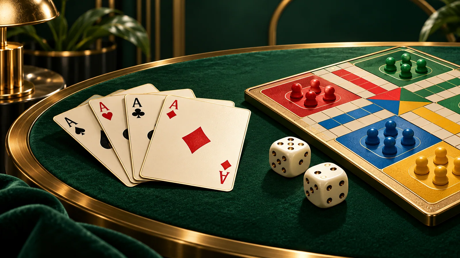 Original illustration of playing cards, dice and a colourful board on a green gaming table.