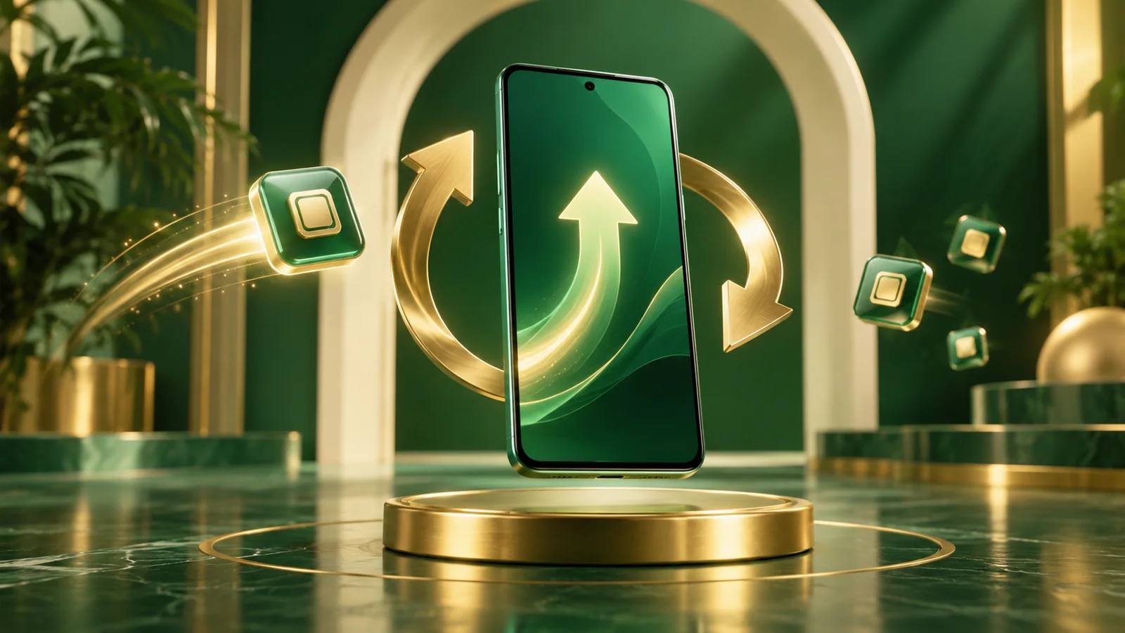 Emerald phone surrounded by gold update arrows and floating app tiles above a circular plinth.