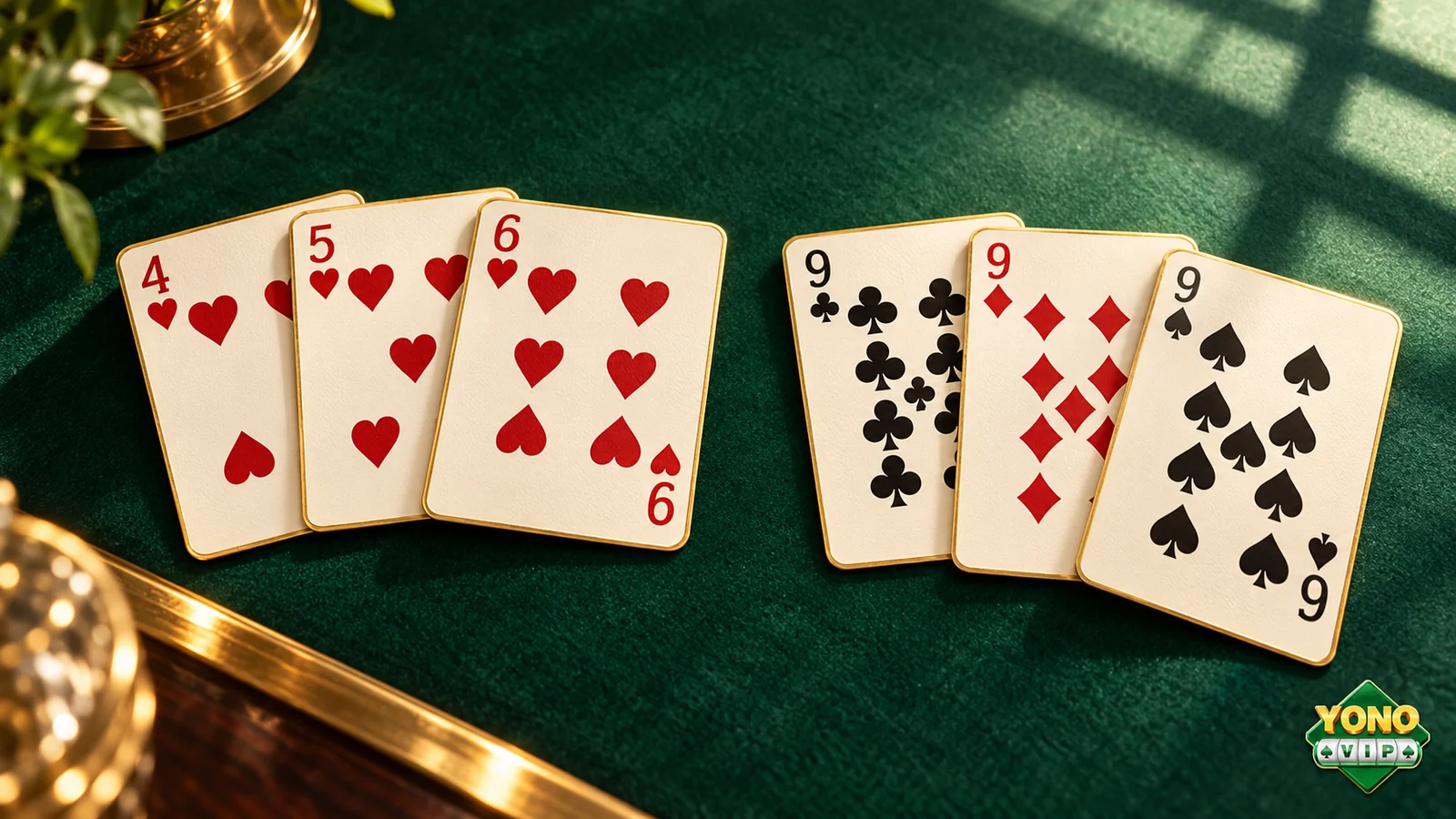 Rummy illustration with 4, 5 and 6 of hearts beside three nines on green felt, with a small Yono VIP logo watermark.