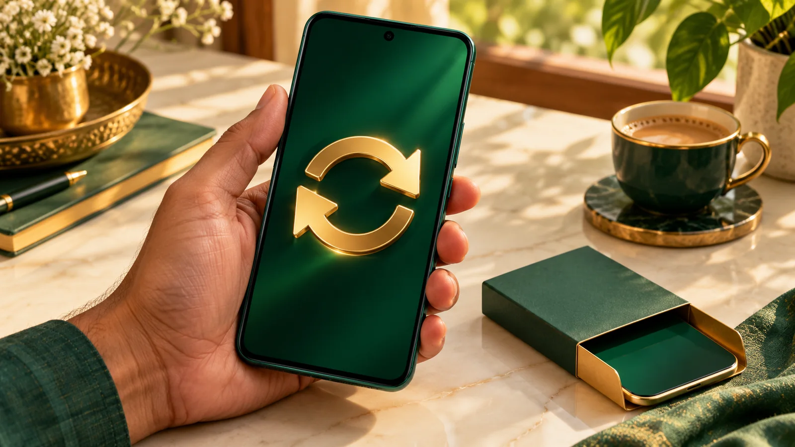 Illustration of a hand holding an emerald phone with gold update arrows beside an app-package sleeve on a sunlit desk.