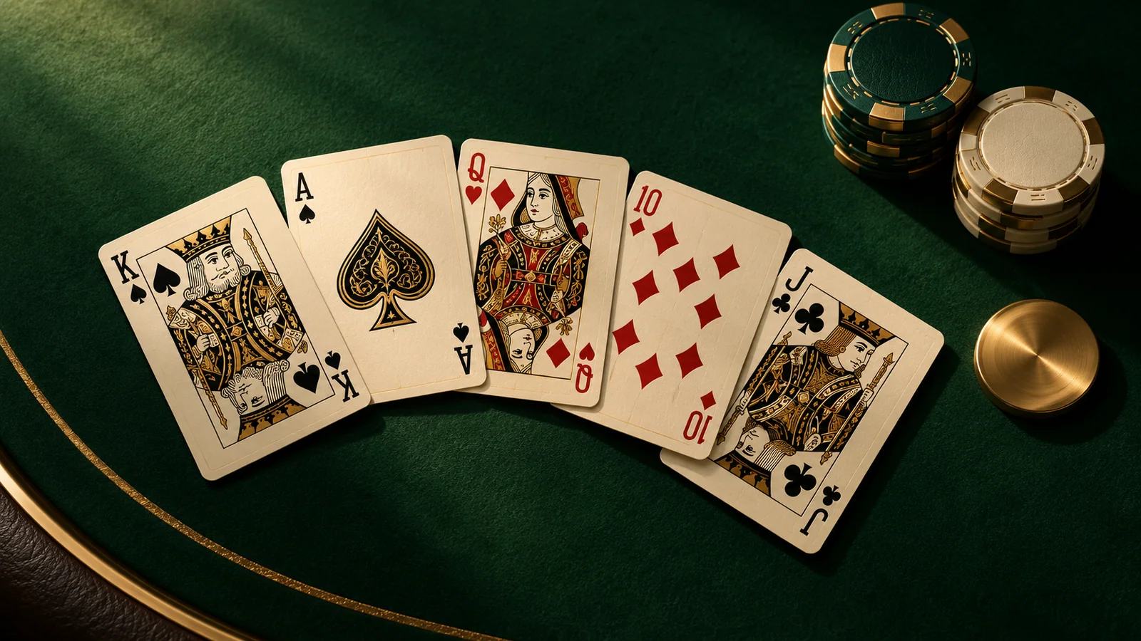 Original poker illustration with a fan of playing cards and unnumbered green-and-gold chips.