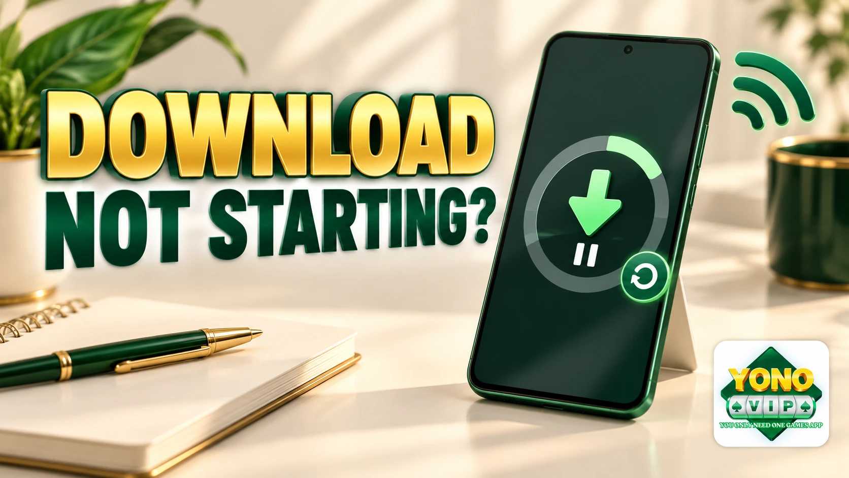 Android phone with a paused download symbol, Wi-Fi waves and Yono VIP logo watermark.