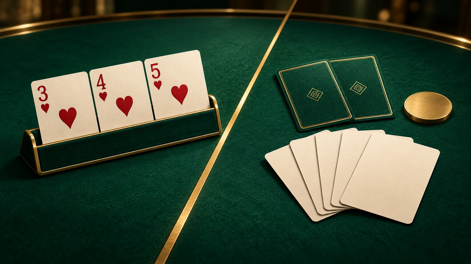 Three heart cards arranged as a Rummy sequence beside face-down Poker cards on an emerald table with a gold divider.