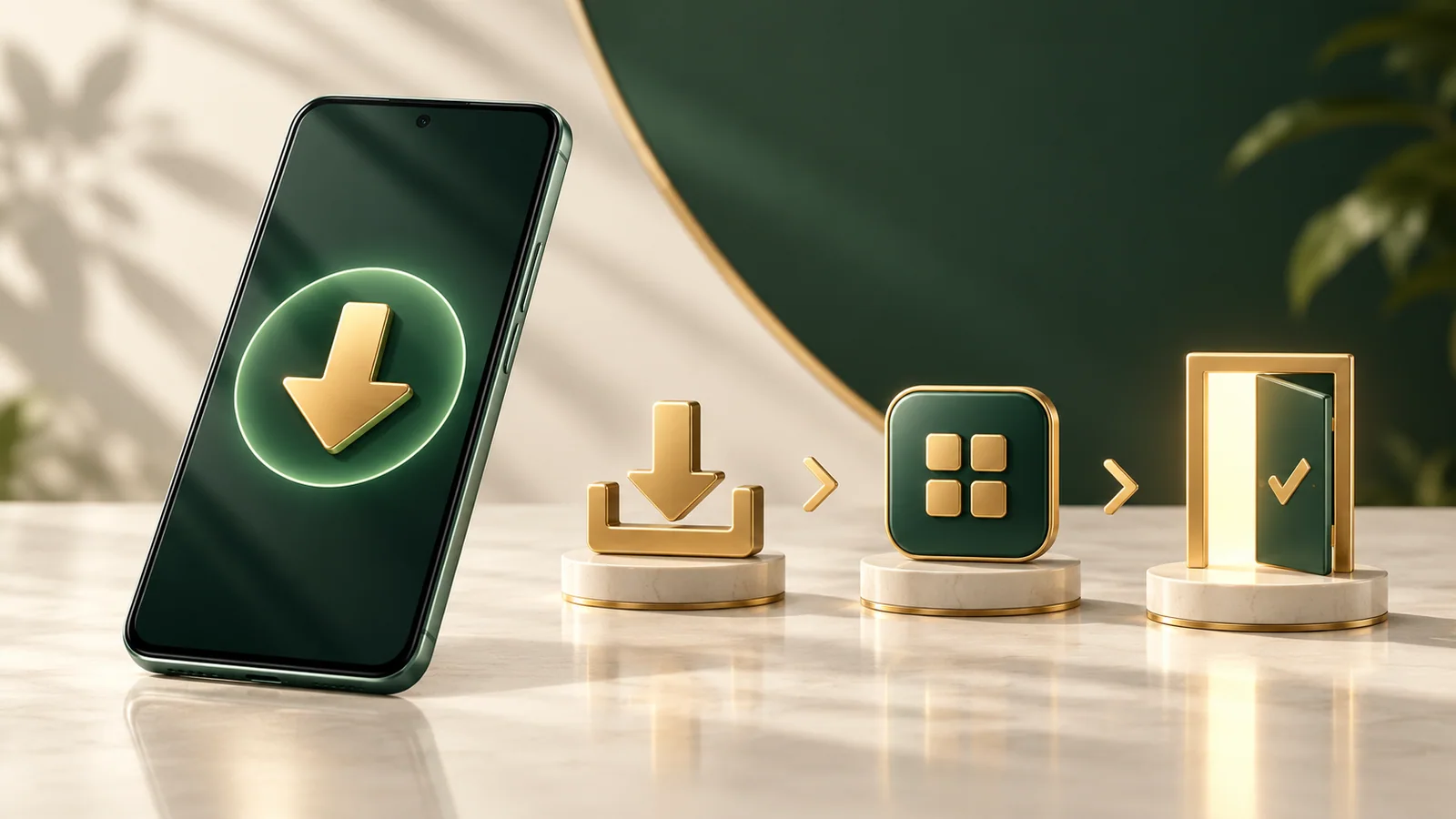 Original Android-setup illustration with a green phone, download symbol, app tile and open doorway.