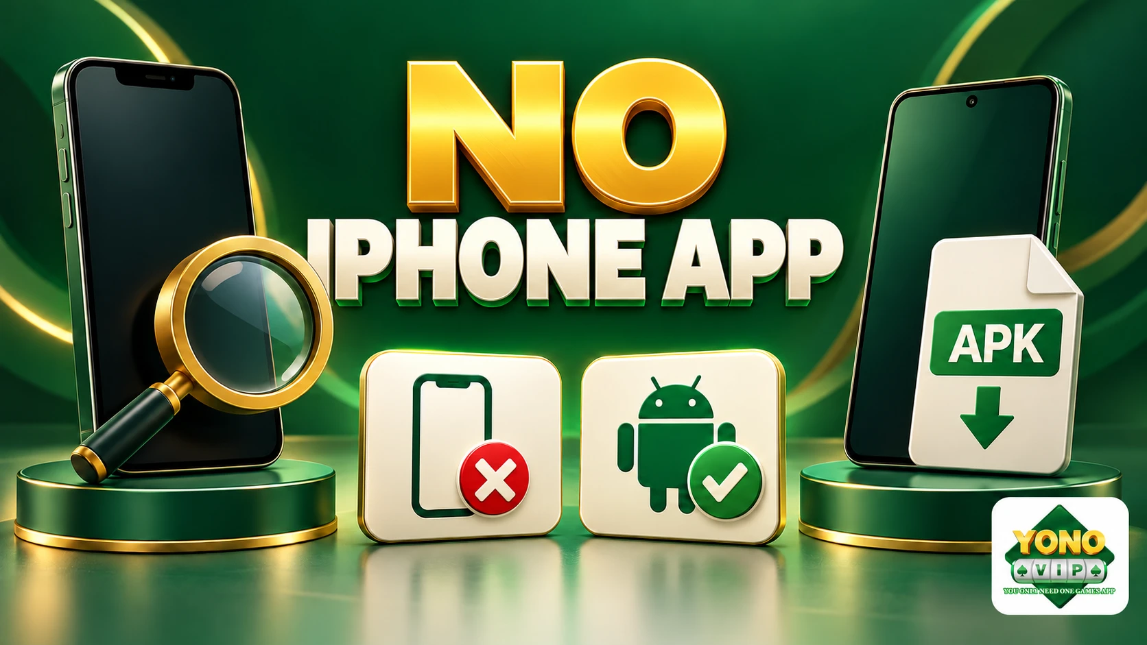 No iPhone App headline, iPhone with red X, Android with check mark and Yono VIP logo watermark.