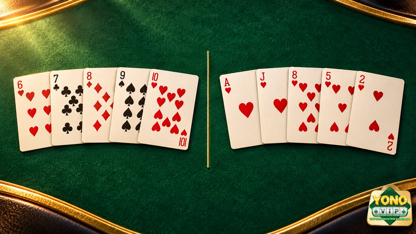 Poker illustration comparing a mixed-suit 6-to-10 straight with five heart cards on green felt, with a Yono VIP watermark.