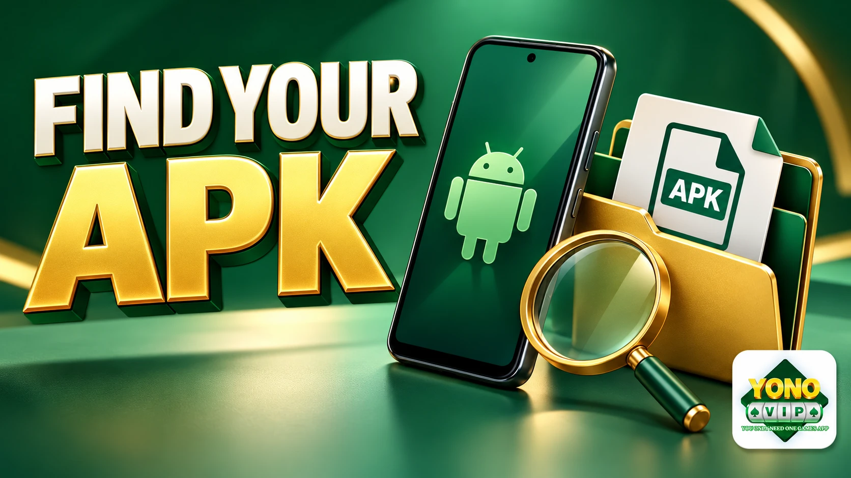 Android phone, APK document, folder and magnifying glass with Yono VIP logo watermark.